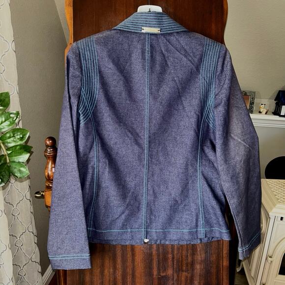 St John Sport Jacket Blue Denim Full Zip Pockets Casual Shoulder Pads size P - Picture 8 of 10